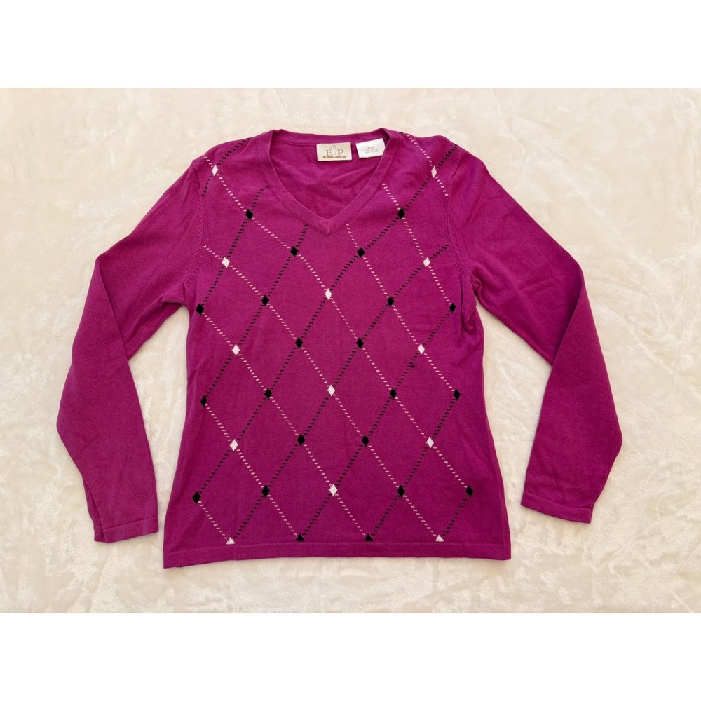 EP Pro Womens Argyle Cotton Cardigan Golf Sweater Medium Purple‎ Tennis Prep